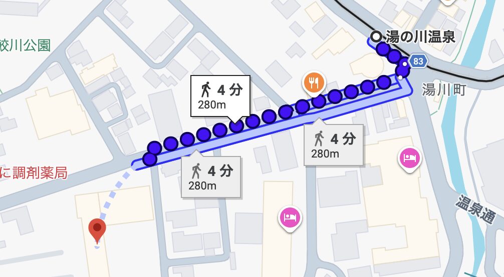湯の川温泉から啄木亭までのルートマップ