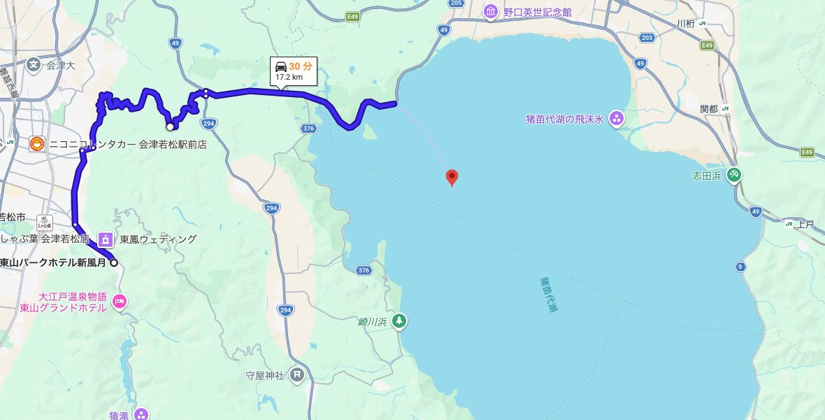 東山温泉から猪苗代湖までのルート。