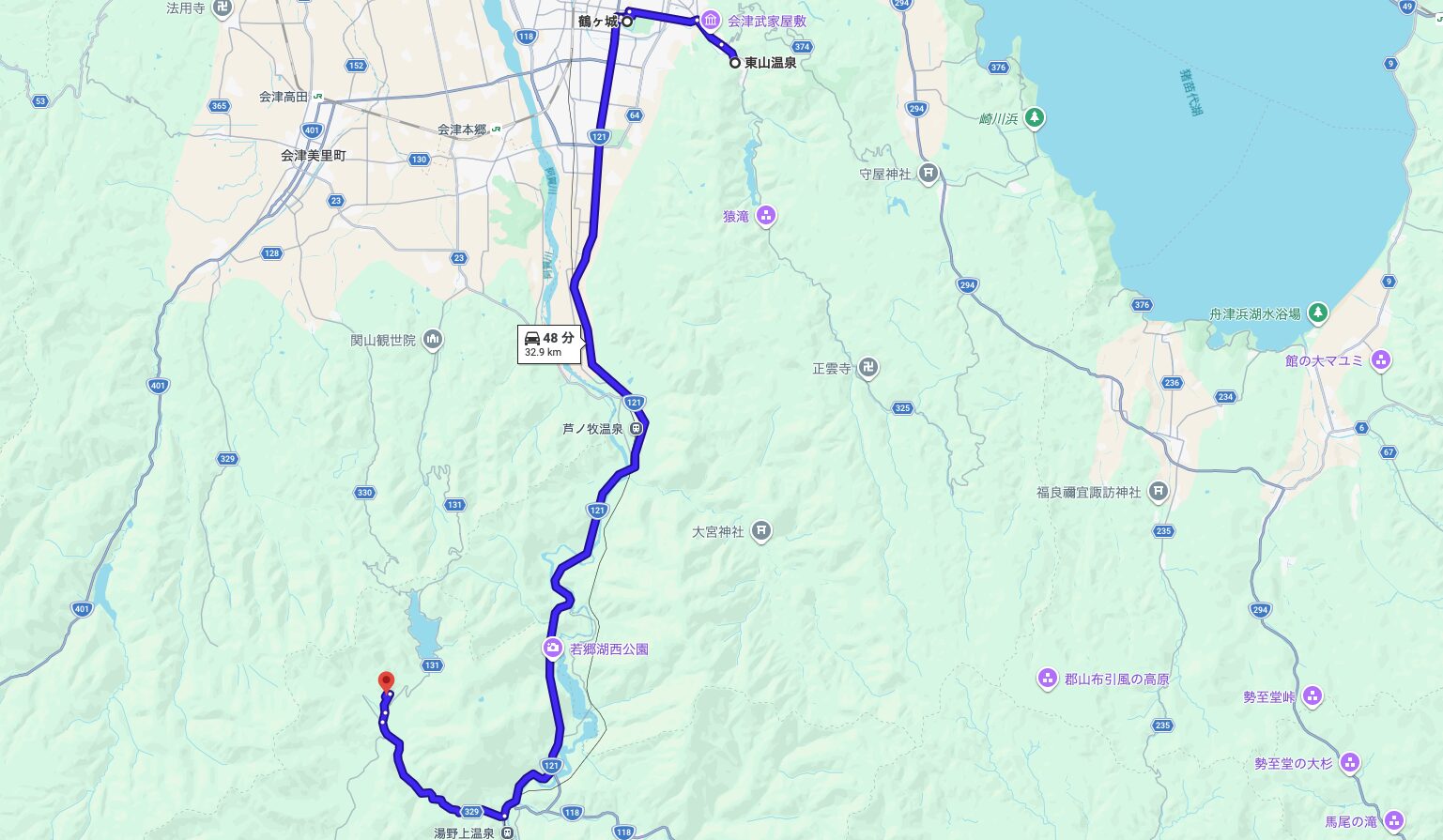 福島1泊2日プランの２日目のルートマップ。