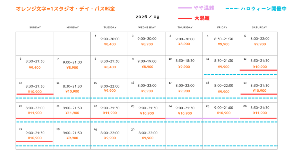 9月のUSJ混雑予想カレンダー