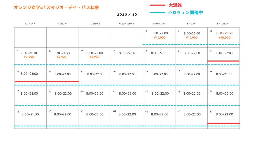 10月のUSJ混雑予想カレンダー